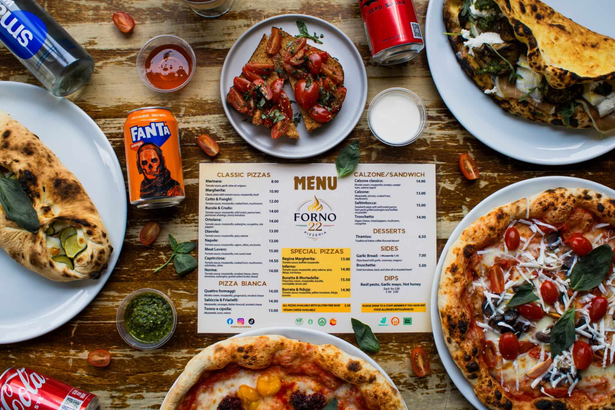 Freshly baked gourmet pizza ready for delivery from Forno 22, Bow